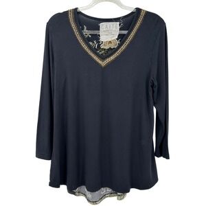 CAITE‎ Black Embroidered V-Neck Mixed Media Boho Top Small 3/4 Sleeve Womens